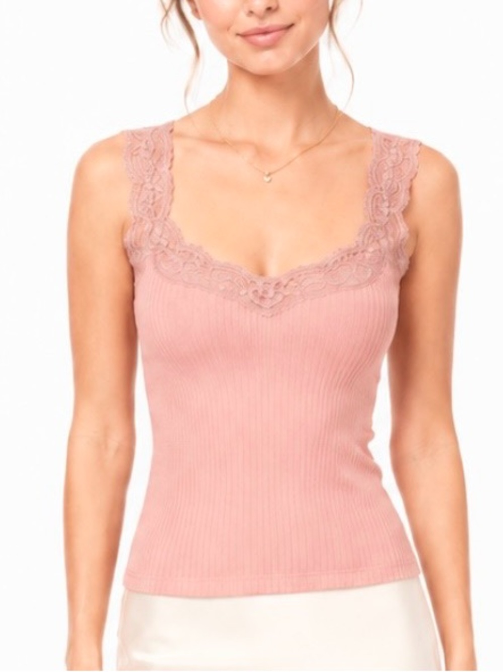 JCrew Blush Lace Trim Ribbed Cami Tank Top Dainty Romantic Coquette Y2K Layer XS